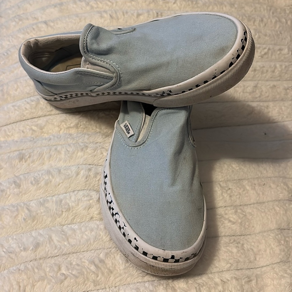 Vans classic slip ons. Light blue with checkered stripe.
